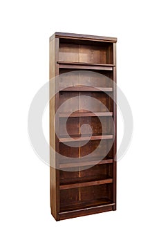 Vertical shot of a wooden book shelf isolated on white background