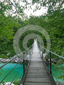 Vertical shot of a wooden bridge over Soca river flowing through a green forest in Slovenia