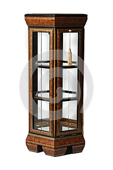 Vertical shot of a wooden glass cabinet isolated on a white background