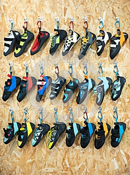 On vertical showcase- trekking shoes for climbing and hiking, colorful ropes and ropes for climbing photo