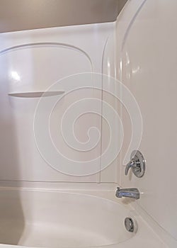Vertical Shower tub combo kit with acrylic wall panel and white shoer curtain