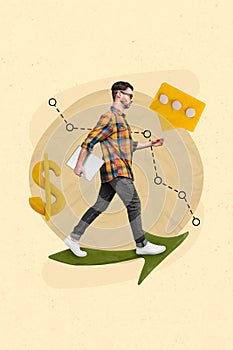 Vertical sketch image artwork collage of successful man going ahead aim goal make money profit writing sms speech bubble