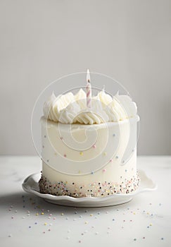 Vertical small cake with one candle on white background