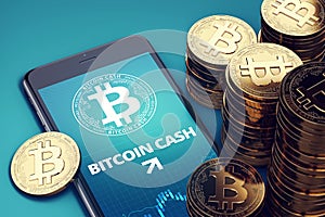 Vertical smartphone with Bitcoin Cash growth chart on-screen among piles of golden Bitcoin Cash coins.