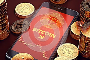 Vertical smartphone with Bitcoin decline chart on-screen among piles of Bitcoins. Bitcoin decline concept.