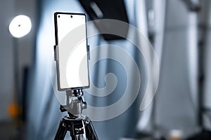 Vertical Smartphone Mockup on Tripod in Studio