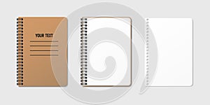 Vertical spiral spring notepad with space for your image or text on gray isolated background in three variations. Clean empty