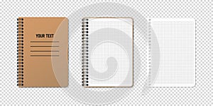 Vertical spiral spring notepad with space for your image or text on transparent background in three variations. Checkered sheet.