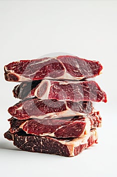 Vertical Stack of Fresh Raw Beef Steaks on White