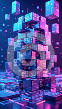 Futuristic Digital Data Blocks and Blockchain Technology Concept.