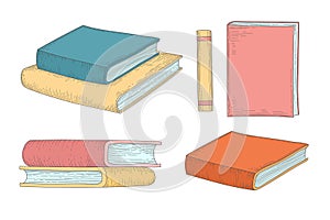 Vertical stack of old historical books in hardbacks with bookmarks isolated on white background. Pile of ancient photo
