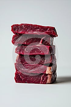 Vertical Stack of Raw Prime Beef Steaks on Minimalist White Background