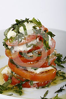 Vertical stack of tomato and mozzarella salad with shredded greens