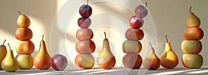 Vertical Stacks of Apples, Plums, and Pears with Light and Shadow Play, generative ai