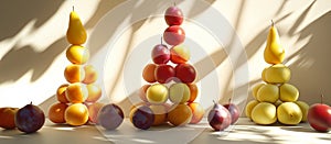 Vertical Stacks of Apples, Plums, and Pears with Light and Shadow Play, generative ai