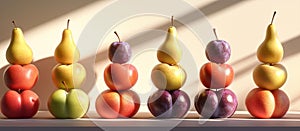 Vertical Stacks of Apples, Plums, and Pears with Light and Shadow Play, generative ai