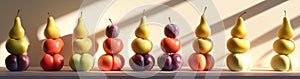 Vertical Stacks of Apples, Plums, and Pears with Light and Shadow Play, generative ai