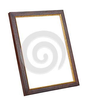 Vertical standing empty dark brown wooden photo frame with golden border isolated on white background