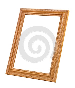 Vertical standing empty wooden frame for artwork or photo with oak texture border isolated on white background