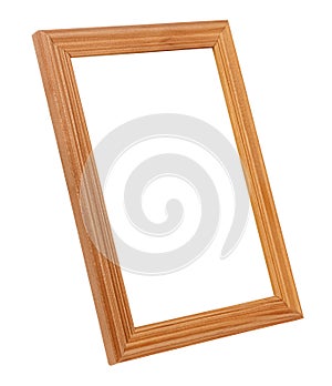 Vertical standing empty wooden frame for photo or painting with pine texture border isolated on white background