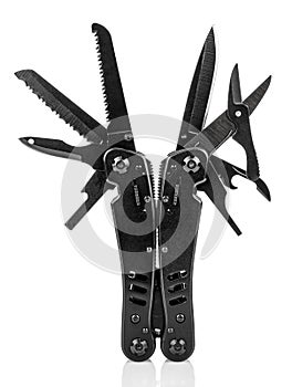 Vertical standing multifunctional multi tool knife with open blades and tools isolated on white background