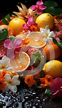 Vertical still life of oranges and lemons