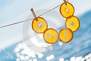 Vertical still life with oranges and sea in the background