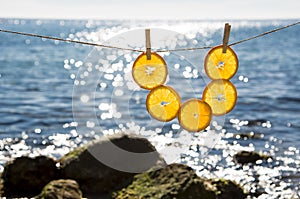 Vertical still life with oranges and sea in the background