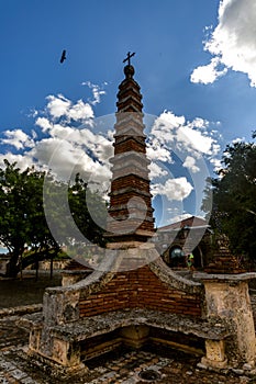Vertical of a stone pagoda-like structure in St.Stanislaus Church,Altos de Chavon,Dominican republic