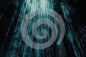 Abstract binary rain falling into a mysterious digital environment