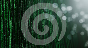 Vertical streams of green binary code cascade down a dark background, reminiscent