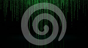 Vertical streams of green binary code symbols cascade against a black background,