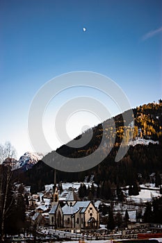 Vertical of the streets of Moena in winter, Trenito, Italy.