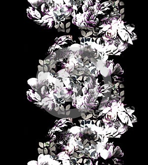 A vertical strip of black and white peonies