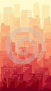 Vertical stylized illustration of a big city at sunset.