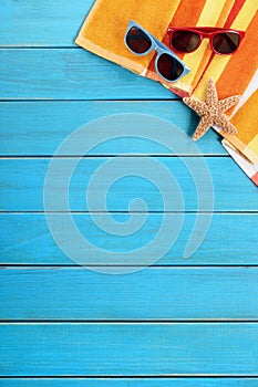 Vertical summer beach background blue wood deck copy space