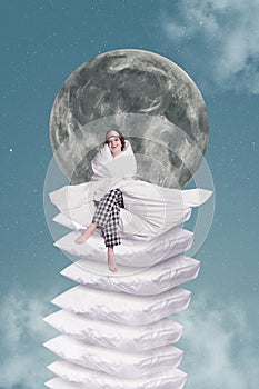 Vertical surreal art photo collage of young sleepy woman in pajamas sitting on huge stack of pillows wrapped in blanket