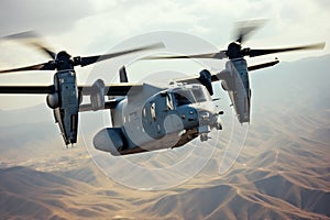 Vertical takeoff V-22 Osprey flying high above the mountains