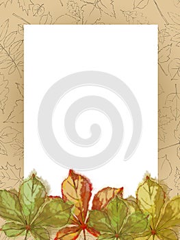 Vertical Template with Autumn Chestnut Leaves and Patterned Frame.