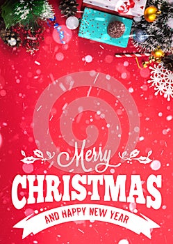 Vertical template, beautiful christmas composition with wishes and snow on a red cozy background, top view