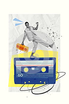 Vertical template collage of careless funky chilling guy hold boombox listen soundtrack vintage music cassette isolated