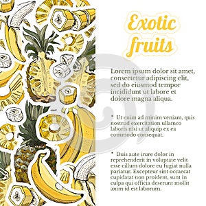 Vertical  template with stickers  of pineapple and banana fruits. Whole and sliced objects. Hand drawn sketch