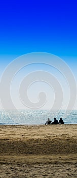 Vertical three freinds sitting on the ocean beach