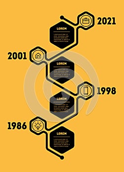 Vertical Timeline or infographic with 4 sectors. Strategy development of company. Milestones of History. Template of time line