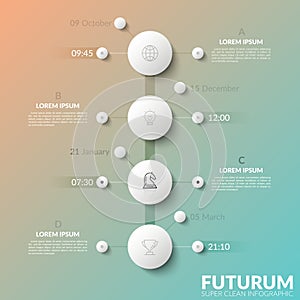 Vertical timeline with 4 white round elements, date and time indication, thin line icons and text boxes. Concept of tree