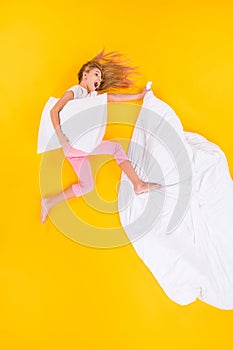 Vertical top view above high angle flat lay flatlay lie concept view of nice lovely cheerful cheery crazy girl sleeping