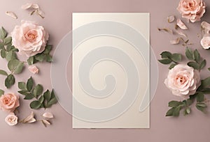 Vertical top view blank card with flowers on patel pink background Generative AI photo