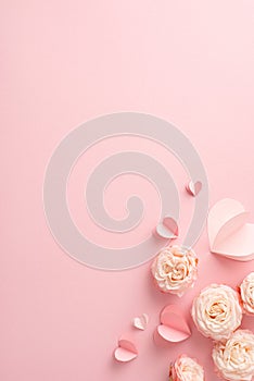 Vertical top view capture of exquisite roses and endearing hearts arranged on soft pink background