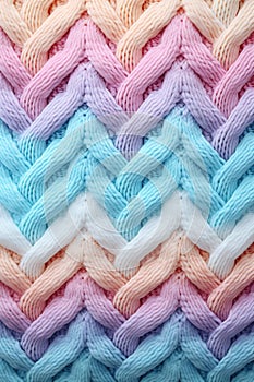 vertical top view pastel knitted wool fabric macro texture background, soft and cozy weave patterned surface