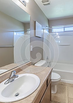 Vertical Traditional bathroom interior with antiqued limestone flooring